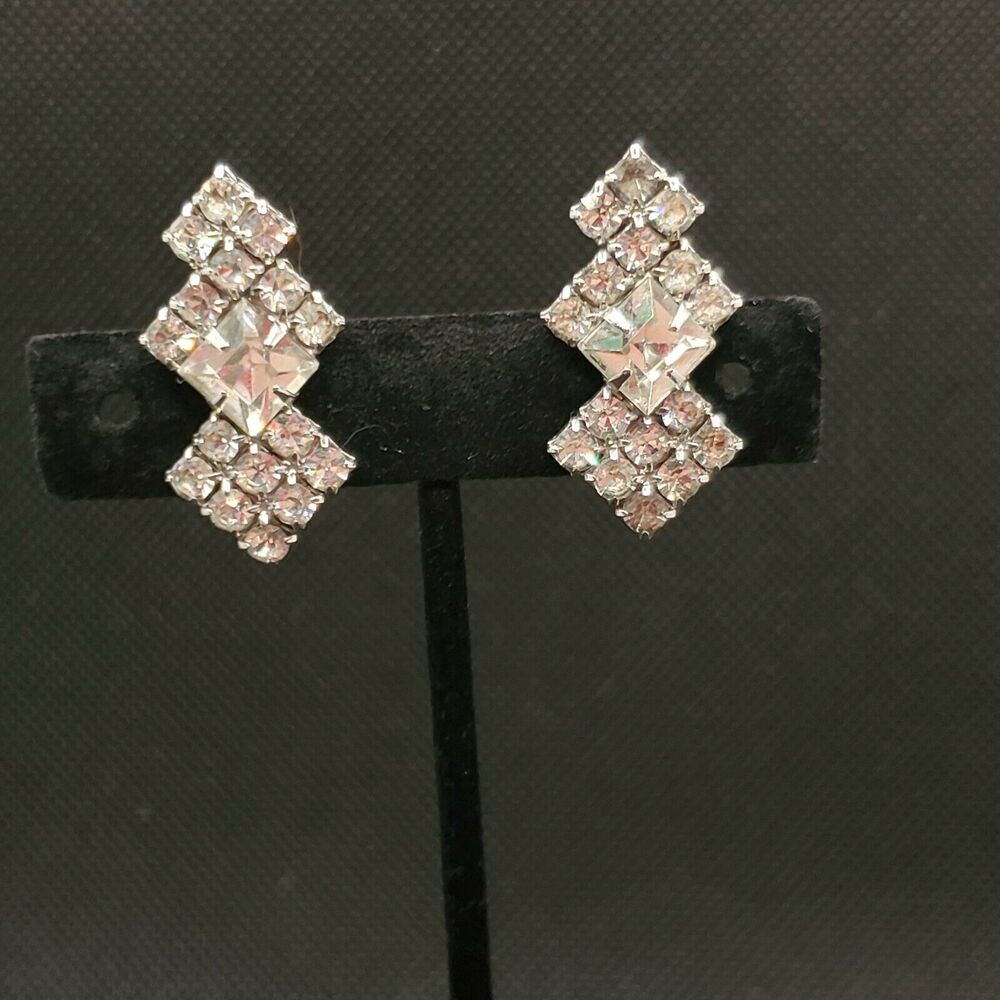Vintage earrings clip prong set white rhinestone silver Old Hollywood
